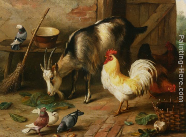 A Goat Chicken and Doves in a Stable painting - Edgar Hunt A Goat Chicken and Doves in a Stable art painting